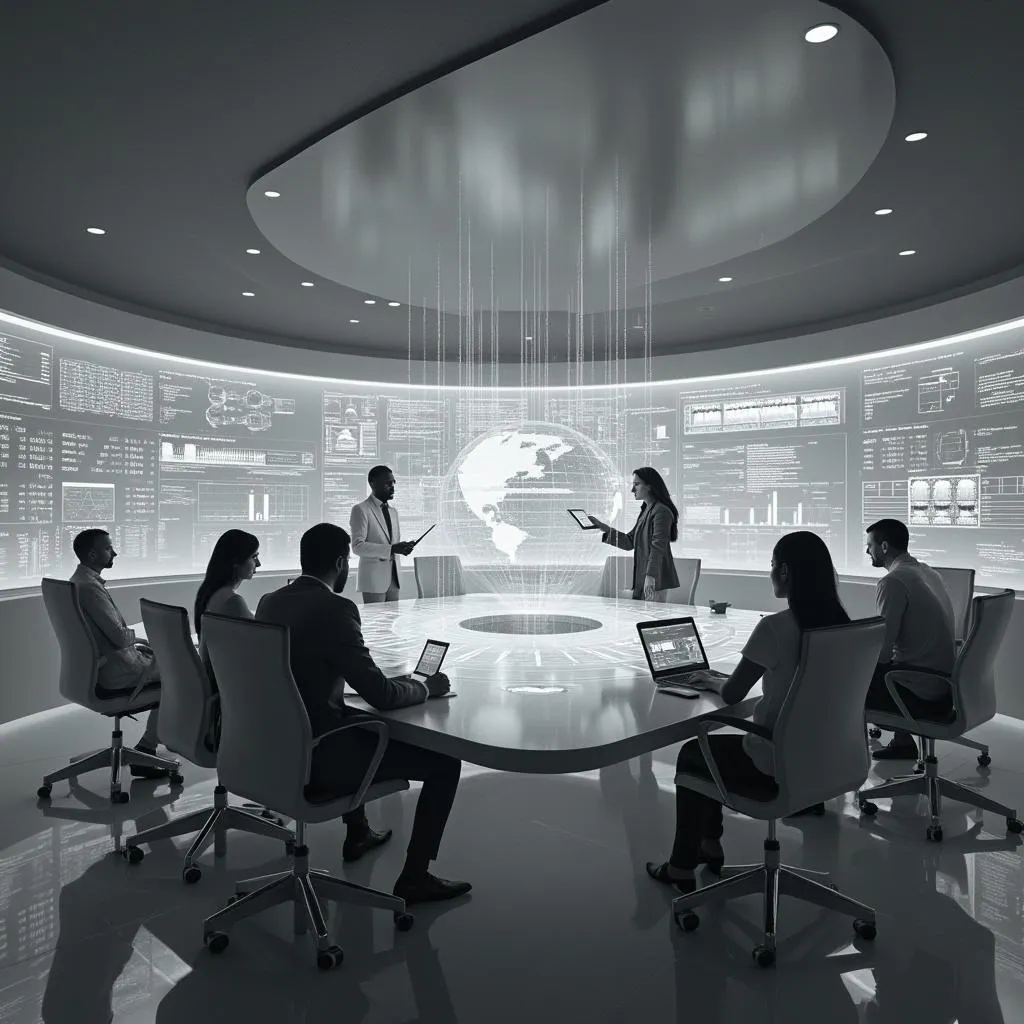 Espacio de trabajo colaborativo futurista, diseño monocromático
