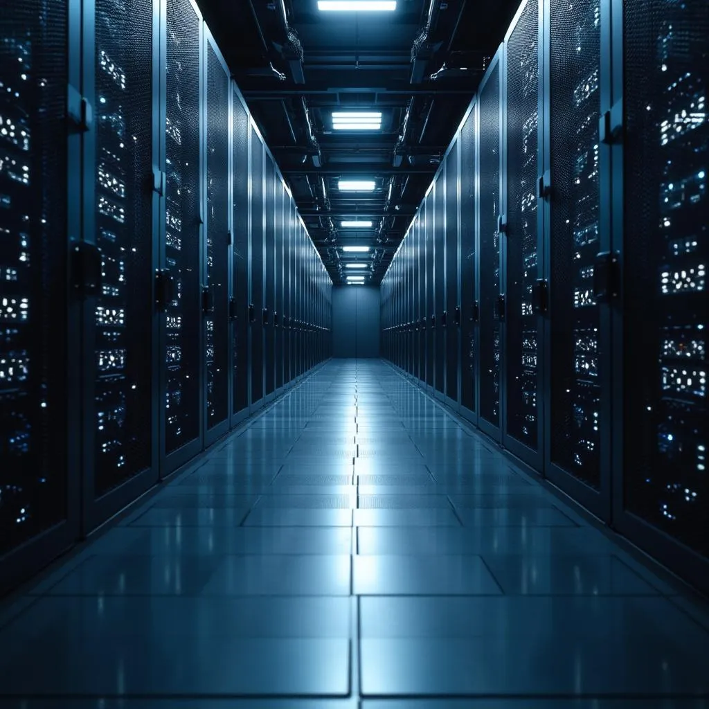 Centro de datos avanzado con servidores en rack, iluminación azulada sutil