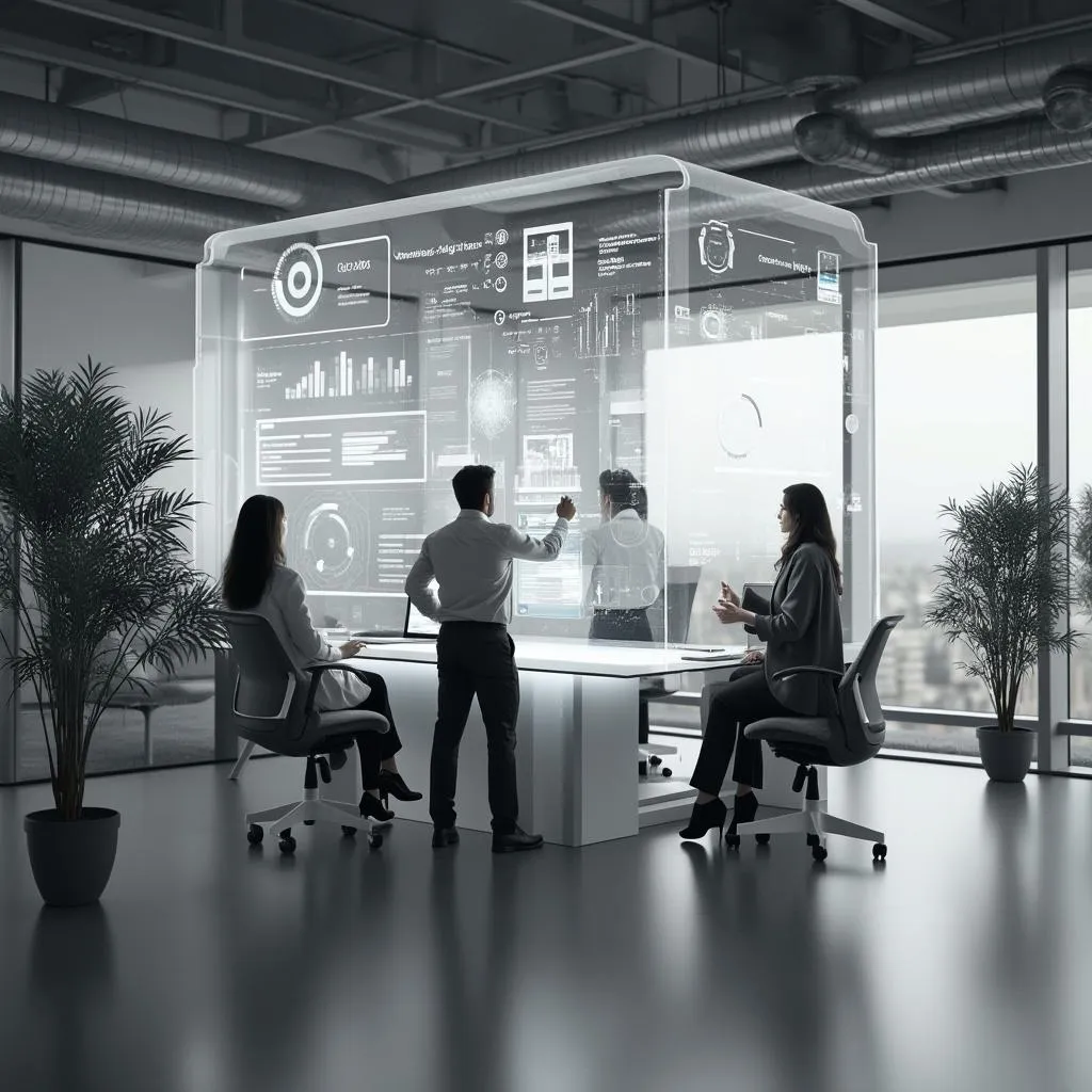 Equipo de consultores trabajando en un entorno de oficina futurista y monocromático